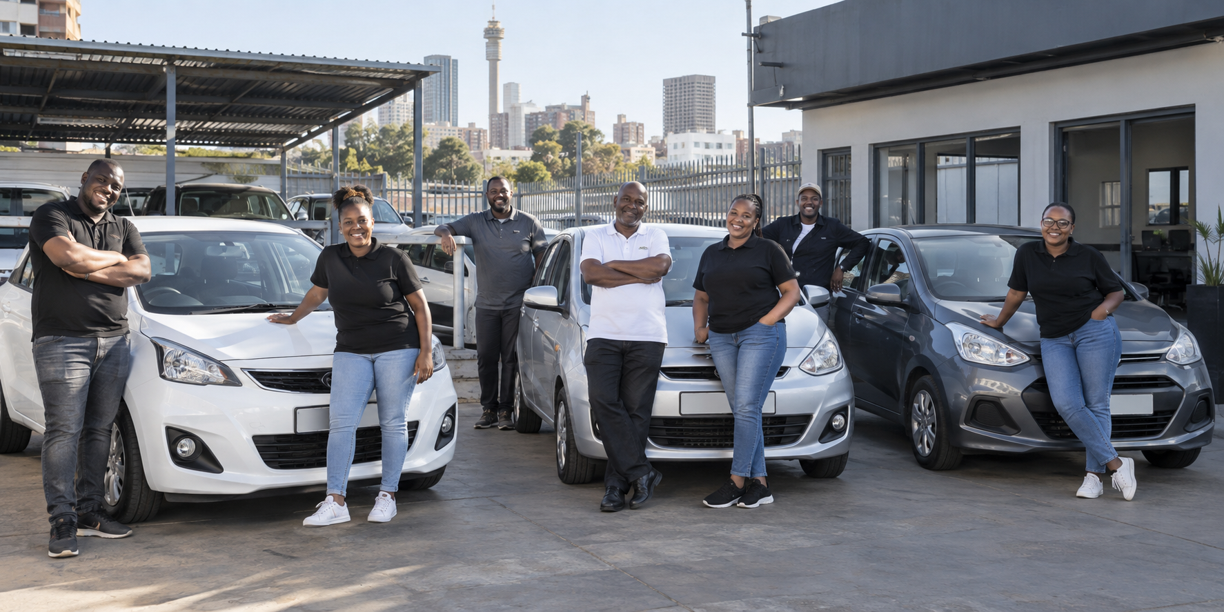 A team of South African e-hailing drivers with compact fleet vehicles