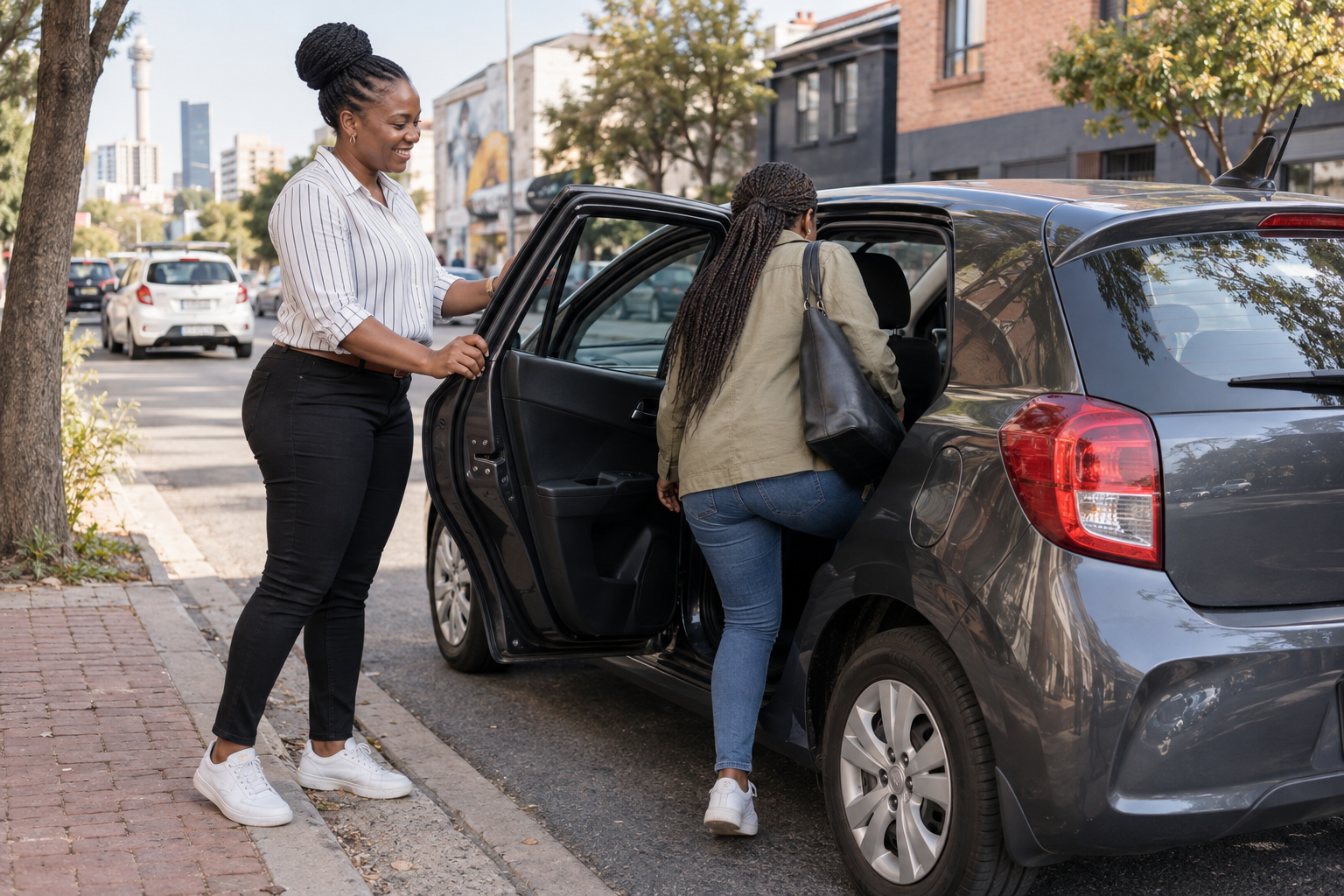 Professional e-hailing driver welcoming a passenger into a clean compact vehicle